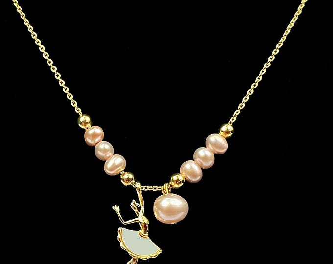 Gold Ballerina Necklace: Freshwater Pearl Pendant, Elegant Ballet Jewelry - DUSKGRAND