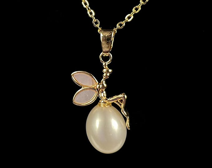 Gold Fairy Pearl Necklace: Angel Pendant, Enamel Wings - DUSKGRAND