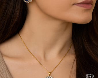Gold Tone Blue Stone Necklace & Earrings Set: CZ Halo Pendant, Elegant Jewelry - DUSKGRAND