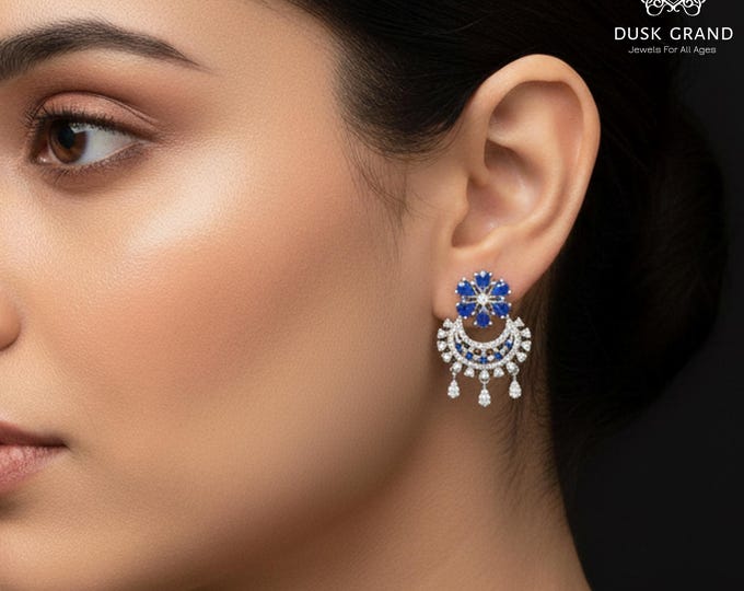 Blue Cubic Zirconia Silver Floral Earrings + gift, bridesmaids gift - DuskGrand