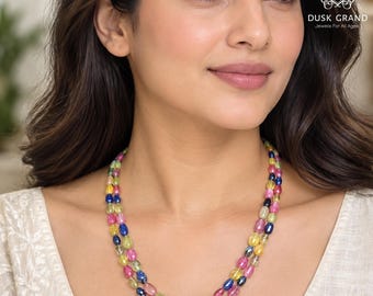 Multi-Colored Genuine Gemstone Beaded Necklace - AAA Faceted Emerald, Ruby, Sapphire Choker,5mm to 10mm Real Precious Stones Jewelry