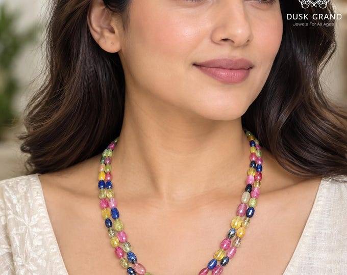 Multi-Colored Genuine Gemstone Beaded Necklace - AAA Faceted Emerald, Ruby, Sapphire Choker,5mm to 10mm Real Precious Stones Jewelry