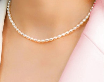 Tiny Rice Pearl Strand Necklace, cultured Freshwater Pearl Necklace, Baroque Pearl Necklace, Silver Necklace, Dainty Pearl Choker Necklace