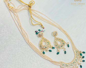 Swarovski Pearl Kundan Necklace Set: Indian Jewelry with Green Beads - DUSKGRAND