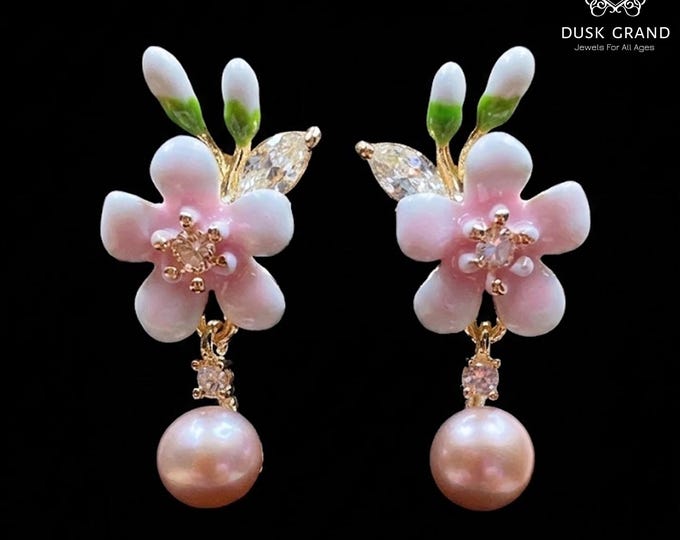 Pink Flower Pearl Drop Earrings: Gold Tone Floral CZ Dangle - DUSKGRAND