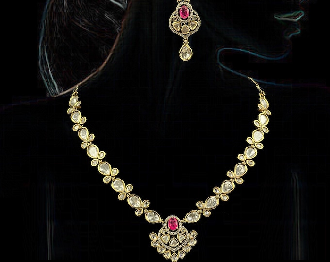 Gold Toned oxidized Kundan Necklace Set: Pink Stone Indian Bridal Jewelry - DUSKGRAND