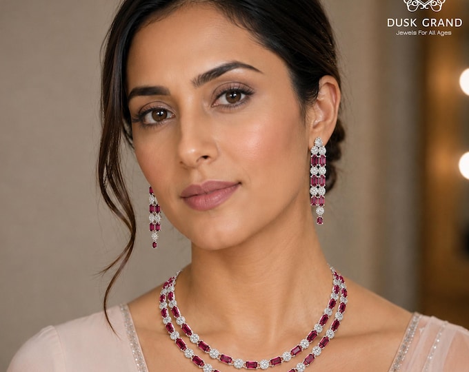 Red Cubic Zirconia Necklace Earrings Set: Silver Victorian Indian Jewelry - DUSKGRAND