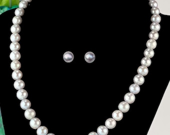 Gray Freshwater Pearl Necklace, 9.2mm Silver Gray Pearls, 17 inch - DUSKGRAND