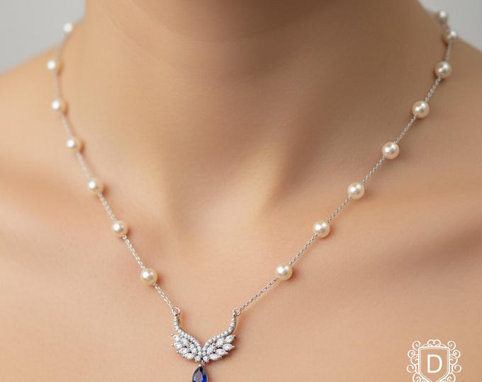 Swarovski Pearl Necklace: Blue CZ Stone Angel Wings , Adjustable Chain