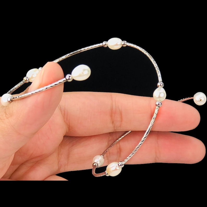 Spiral Freshwater Soft White Pearl Bracelet, Bangle Style Silver - DuskGrand image 5