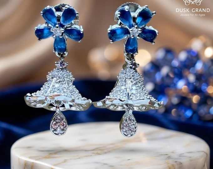 Mini Silver Blue CZ Jhumkas/  CZ Jhumka/ Indian Jewelry/ Pakistani Jewelry/ Indian Wedding Earrings