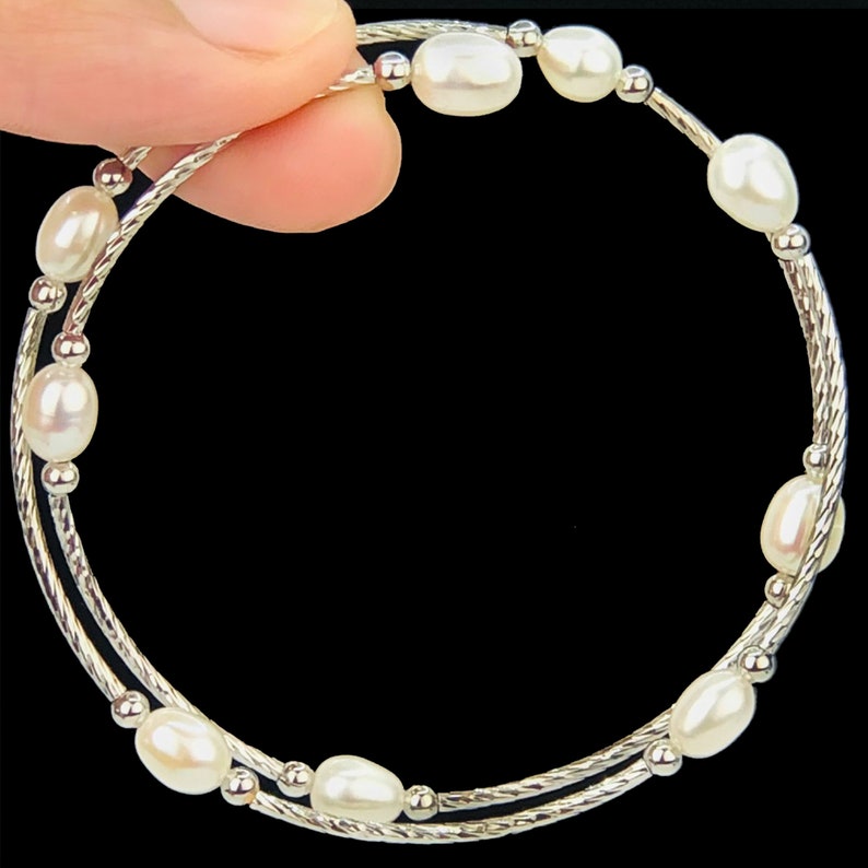 Spiral Freshwater Soft White Pearl Bracelet, Bangle Style Silver - DuskGrand image 4