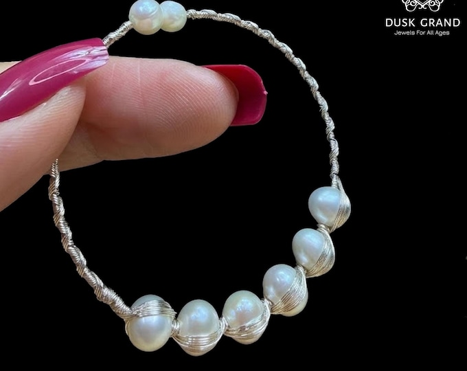 Freshwater Soft White Pearl Bracelet, Bangle Style Silver - DuskGrand