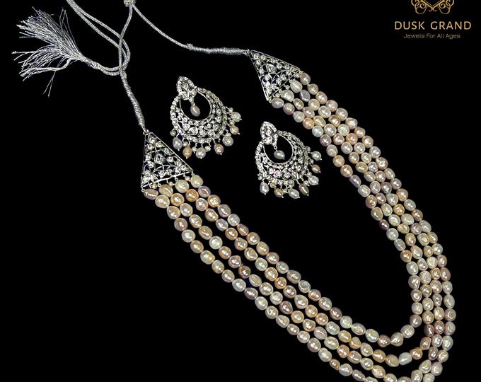Hyderabadi Pearl Necklace Set - Bridal Jewelry with Freshwater Pearls for Indian & Pakistani Weddings - Dusk Grand