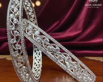 Elegant CZ White Stone Bangles | Silver Tone Designer Bangles 2-10 Size | Bridal Jewelry | Sparkling Statement Gift for Her - DUSKGRAND