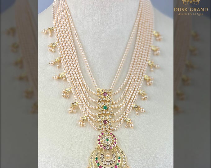 Swarovski Pearl Kundan Bridal Necklace Set: Green & Red Stone Indian Jewelry - DUSKGRAND