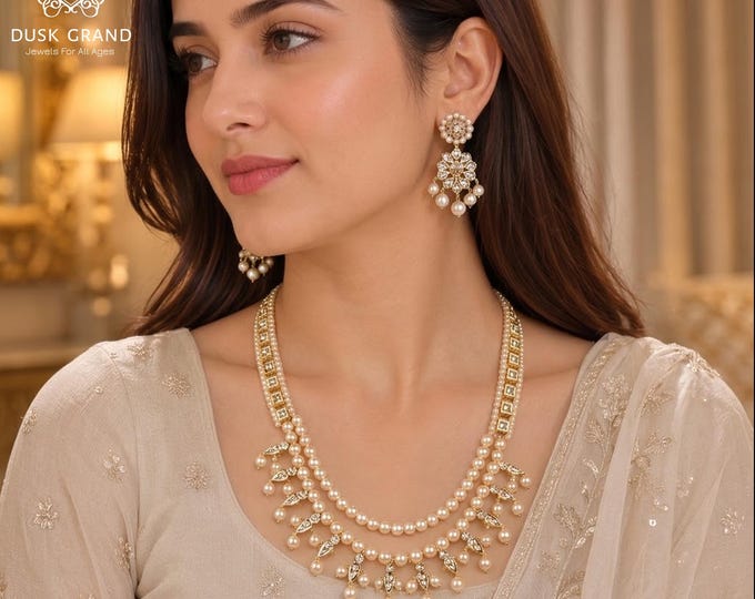 Swarovski Pearl Kundan Polki Necklace & Earrings: Nizami Bridal Jewelry - DUSKGRAND