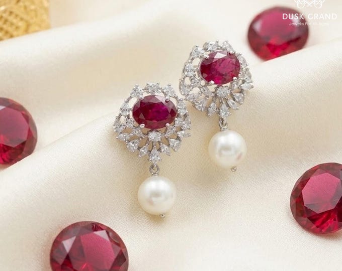 Silver Tone CZ Earrings: Red CZ, Pearl Drop - DUSKGRAND