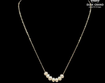 Gold Tone Pearl Necklace: Green Flower Accent, Minimalist Jewelry - DUSKGRAND