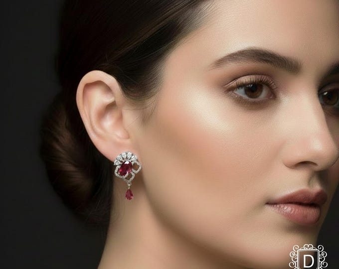 Ruby Pink CZ Drop Earrings: Silver Tone Crystal Dangle Earrings - DUSKGRAND