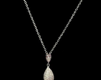 Silver Teardrop CZ Jewelry Set: Elegant Bridal Necklace & Earrings - DUSKGRAND