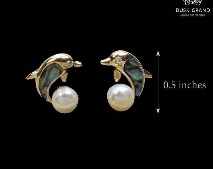 Gold Tone Dolphin Stud Earrings with Abalone Shell Inlay and Cultured Pearl, Nautical Ocean Inspired Jewelry, Dainty Coastal Earrings
