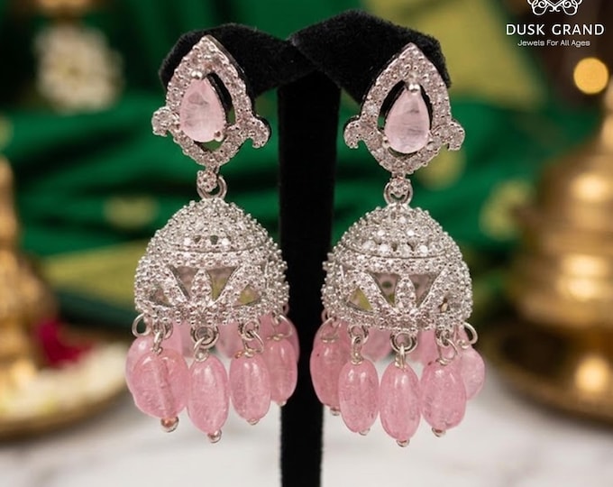 Mini Silver Jhumka Earrings: Baby Pink CZ Indian Jewelry - DUSKGRAND