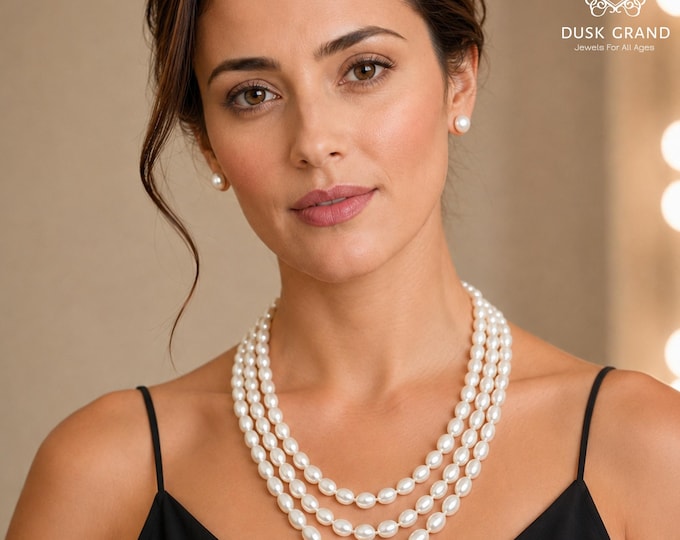 3-Strand Freshwater Cultured Pearl Necklace with Pearl Earrings - DUSKGRAND