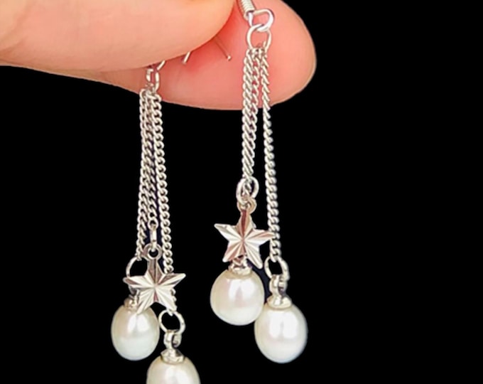 Pearl Threader Dangle Drop Earrings Long Chain Hoop Earrings + gift, bridesmaids - DUSKGRAND