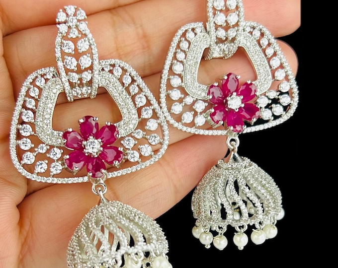 Silver Pink CZ Jhumkas/  CZ Jhumka/ Indian Jewelry/ Pakistani Jewelry/ Indian Wedding Earrings