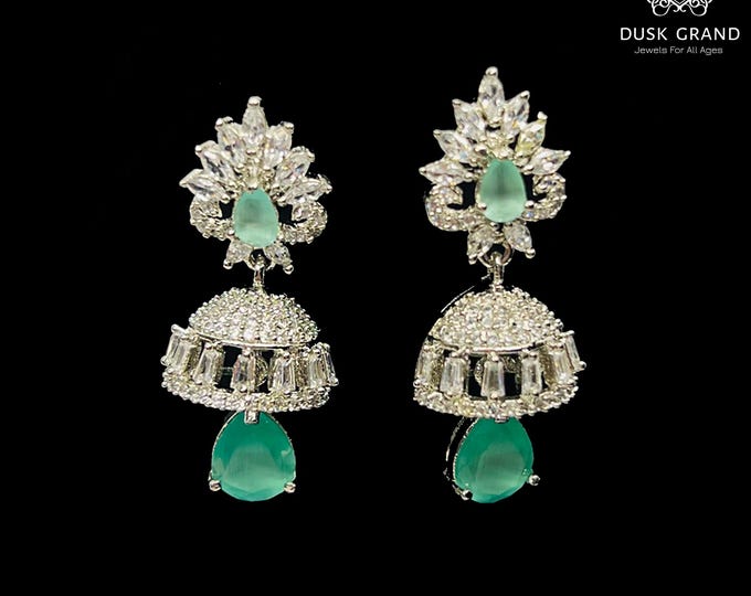 CZ Jhumka Earrings: Mint Green Indian Pakistani Wedding Jewelry - DUSKGRAND