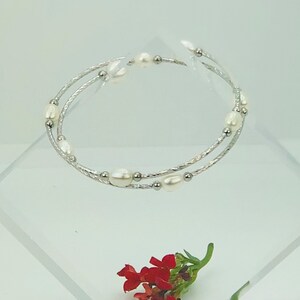 Spiral Freshwater Soft White Pearl Bracelet, Bangle Style Silver - DuskGrand image 2