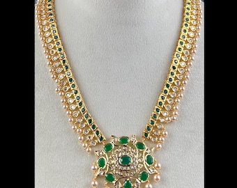 Swarovski Pearl Kundan Necklace: Gold Plated Indian Bridal Jewelry - DUSKGRAND