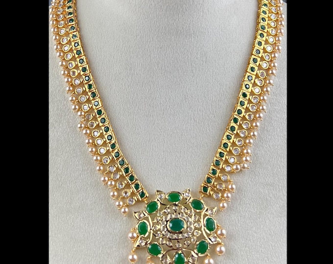 Swarovski Pearl Kundan Necklace: Gold Plated Indian Bridal Jewelry - DUSKGRAND