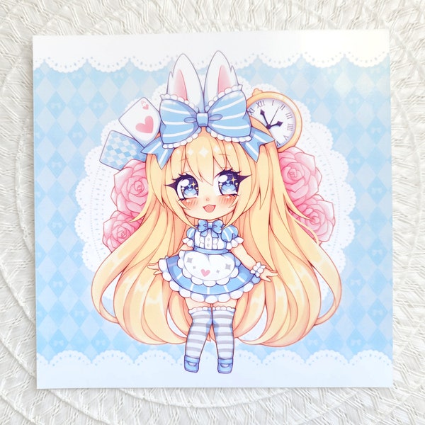 Carte postale carrée Alice au Pays des merveilles | Lewis Caroll | Art Print | Kawaii | Manga