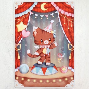 Carte postale, Chat mignon, Cirque, Impression d'art kawaii