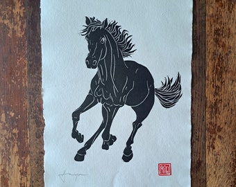 Black Horse #1. Original linocut print of a running horse. A3 size 11.7 x 16.5 inches on handmade cotton rag paper.