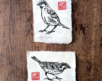A Pair of Sparrows - 2 small handmade relief prints of these cute, inquisitive and friendly garden birds.