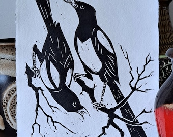Joy  - Two Magpies. Hand printed original linocut A4 (8.3 x 11.7 inches) Lovely gift for loved one, wedding, engagement, housewarming.