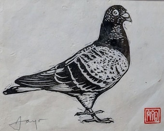 George's Pigeon - hand printed original linocut. A4 approx 8.3 X 11.7 inches. Ideal gift for pigeon lovers, pigeon racers, pigeon fanciers