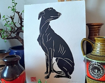 Who Me? A3 (16.5"x11.5") Handmade linocut print. Ideal gift for greyhound, whippet or lurcher lovers.