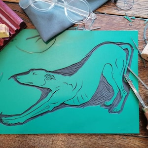 Ooo biiiig stretch hand-printed linocut of longdog stretching. A4 size image 5