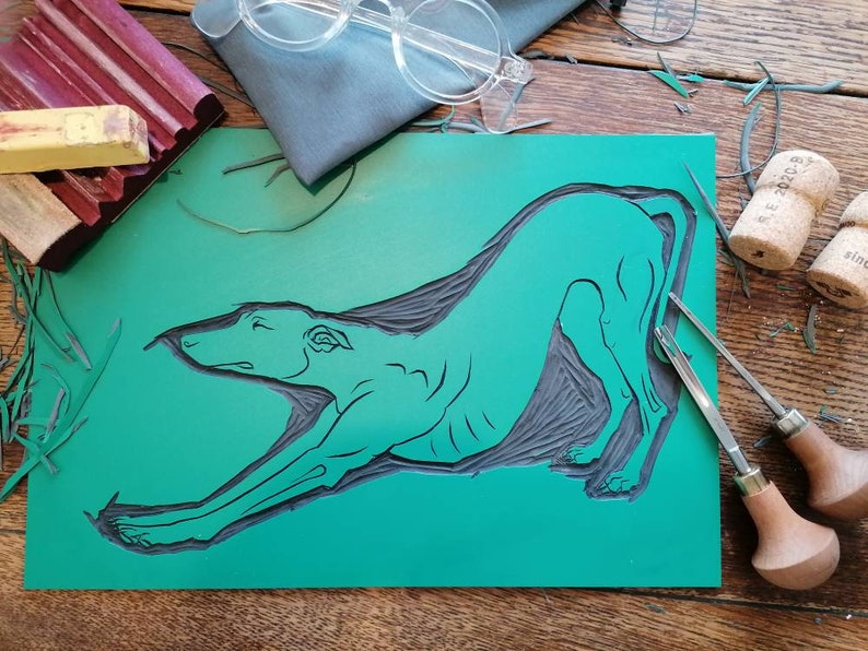 Ooo biiiig stretch hand-printed linocut of longdog stretching. A4 size image 5