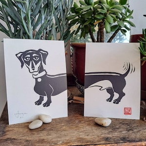 Debonair dachshund, handmade 2 part sausage dog, lino print. Each half 5.8 x 8.3 inches.