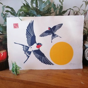 Summer Swallows - hand made linocut print. A3 (11.5" x 16.5")