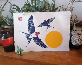 Summer Swallows - hand made linocut print. A3 (11.5" x 16.5")
