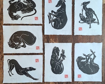 Set of 7 hand printed linocut longdogs, greyhounds, lurchers, whippets. (Each A4 size) Also available in a Blue Edition.