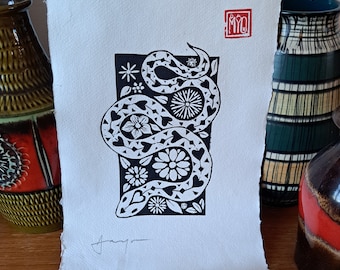 Meadow Snake. Hand-printed linocut. Original art. On handmade A4 paper.