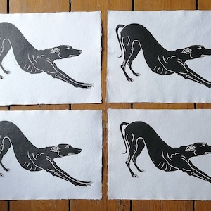 Ooo biiiig stretch hand-printed linocut of longdog stretching. A4 size image 4