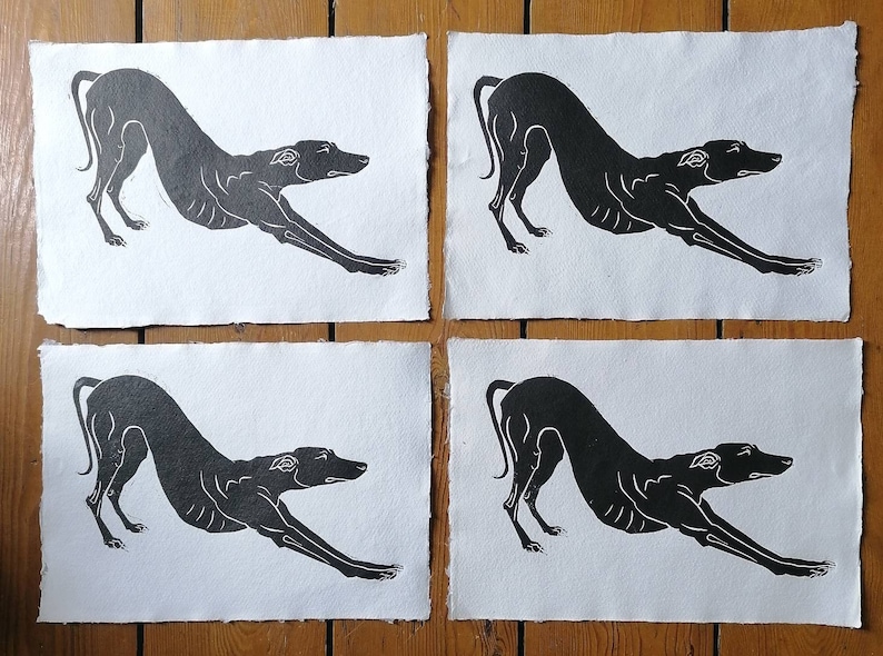 Ooo biiiig stretch hand-printed linocut of longdog stretching. A4 size image 4